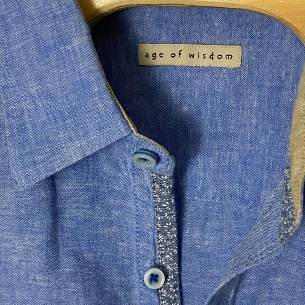 Age of Wisdom Mens XL Blue Long Sleeve Flip Cuffs Linen Cotton Shirt - Picture 4 of 7